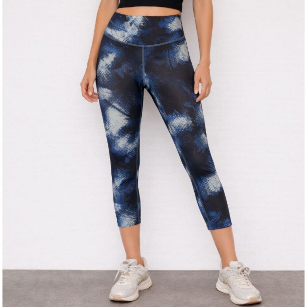 Athleta Electro Sonar Leggings Women Small Black Blue Capri Crop Zip Pocket